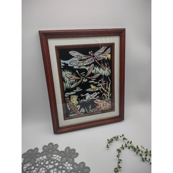 Vintage Dragonfly Frog Toad Pond Swamp Lake Foxtail Black Velvet Framed Painting - Picture 3 of 12